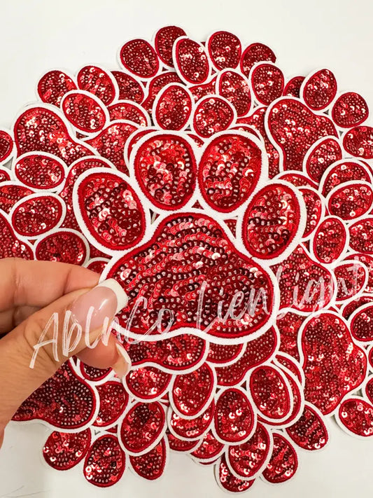 Red Sequins Paw Print Embroidery Patch