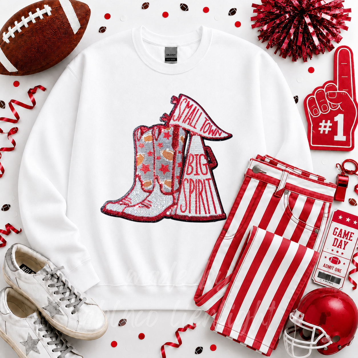 Red Small Town Big Spirit Football Sequin Patch - Large