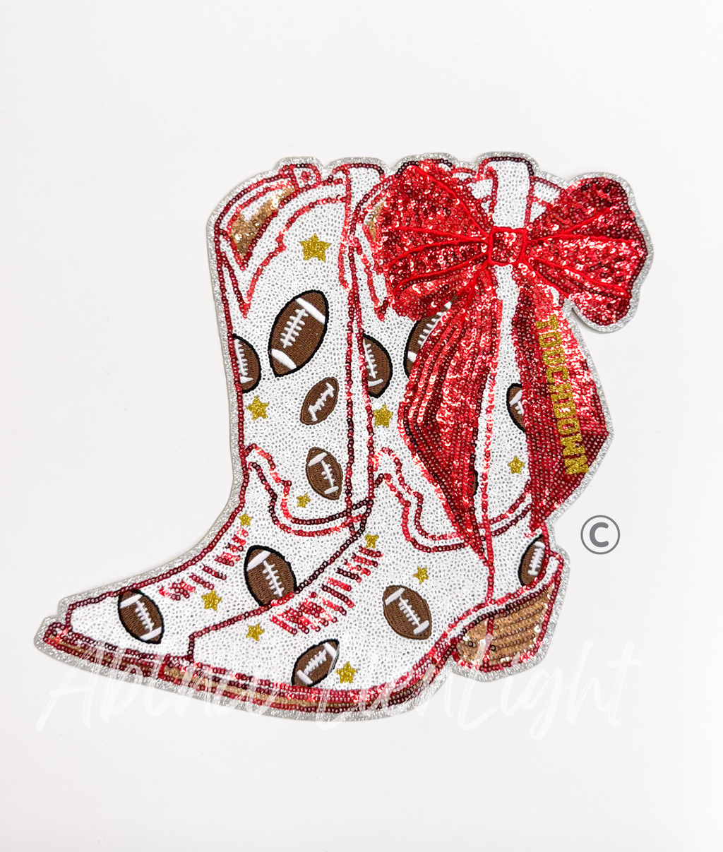 Red Bow Boot Touchdown Football Sequin Patch - Large