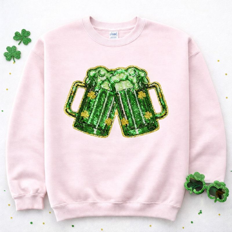 Green Beer St Patricks Day Sequin Patch Sweatshirt