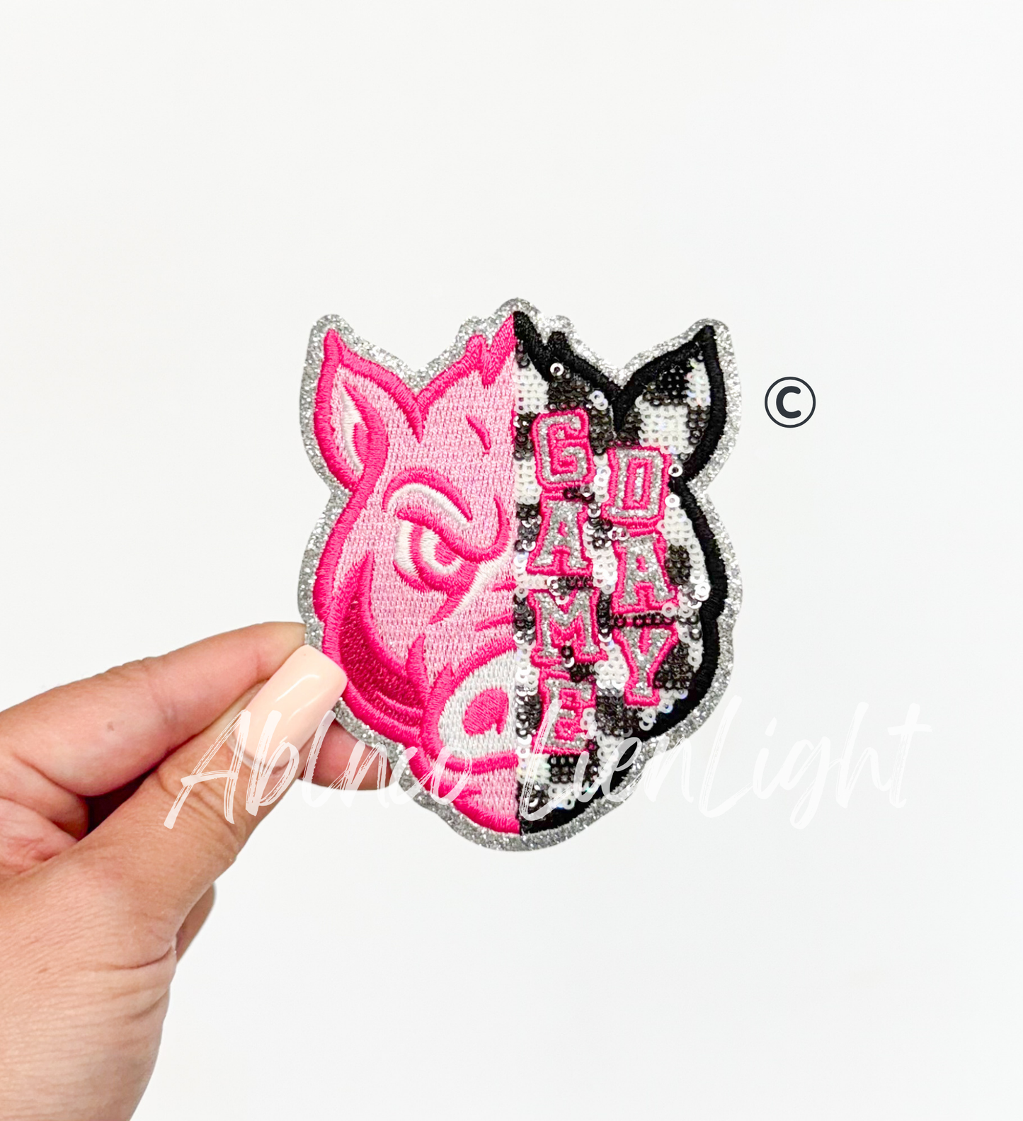 Preppy Pink Checkered Hog Mascot Game Day Sequin Patch - Small