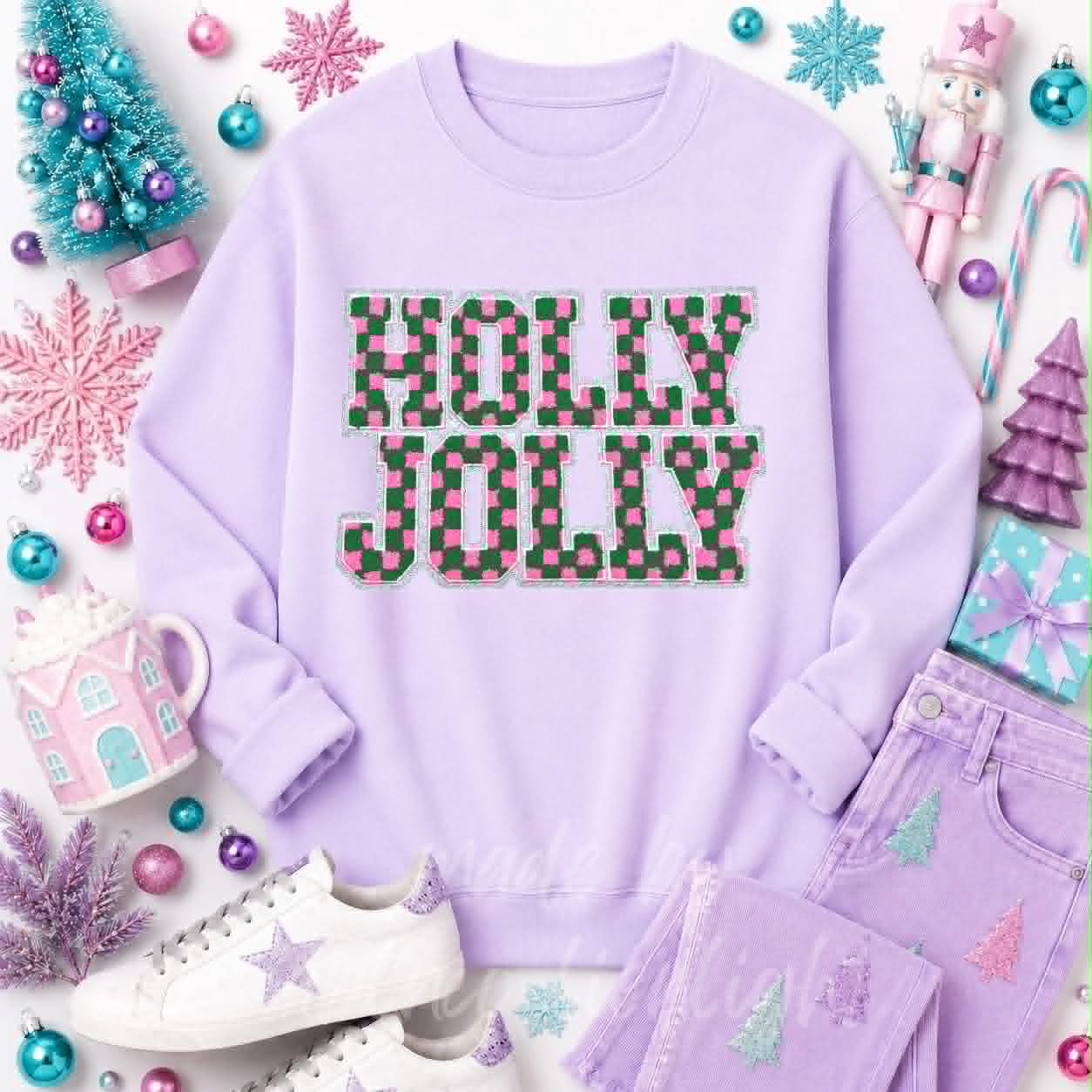 Checkered Holly Jolly Christmas Sequin Patch Sweatshirt