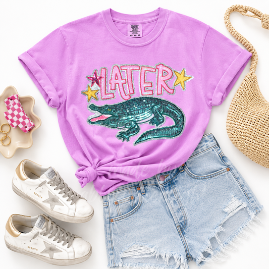 Later Gator After While Crocodile Summer Sequin Patch Tshirt