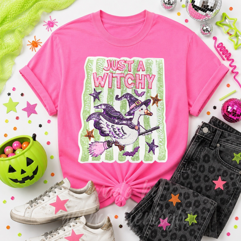 Just A Witchy Goose Halloween Sequin Patch Tshirt