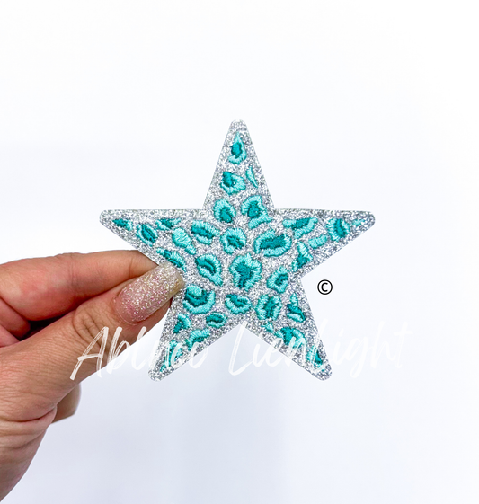 Mint Turquoise Cheetah Print Glitter Star Patch