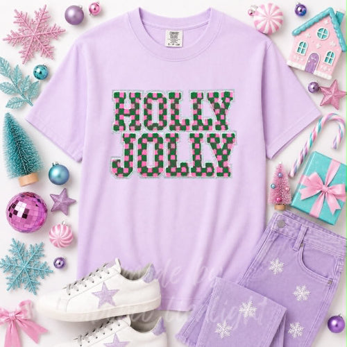 Checkered Holly Jolly Christmas Sequin Patch Tshirt