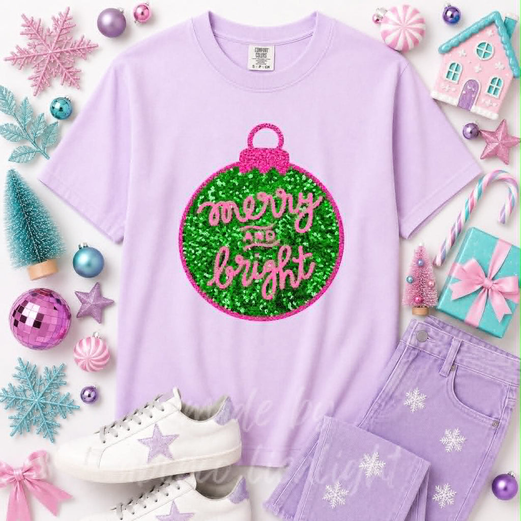Merry & Bright Ornament Christmas Sequin Patch Tshirt