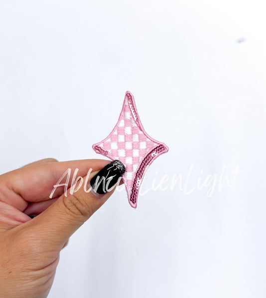 Pink Checkered Diamond Star Embroidery Sequin Patch