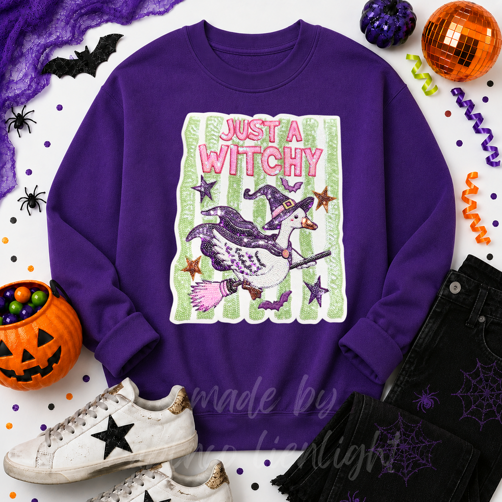 Just A Witchy Goose Halloween Sequin Patch Sweatshirt