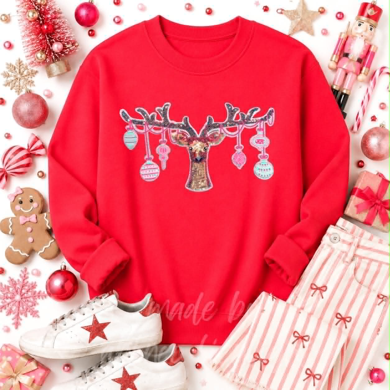 Ornament Reindeer Christmas Sequin Patch Sweatshirt