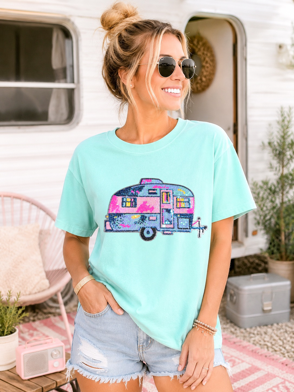 Trailer Camper Camping Pink Sequin Patch Tshirt