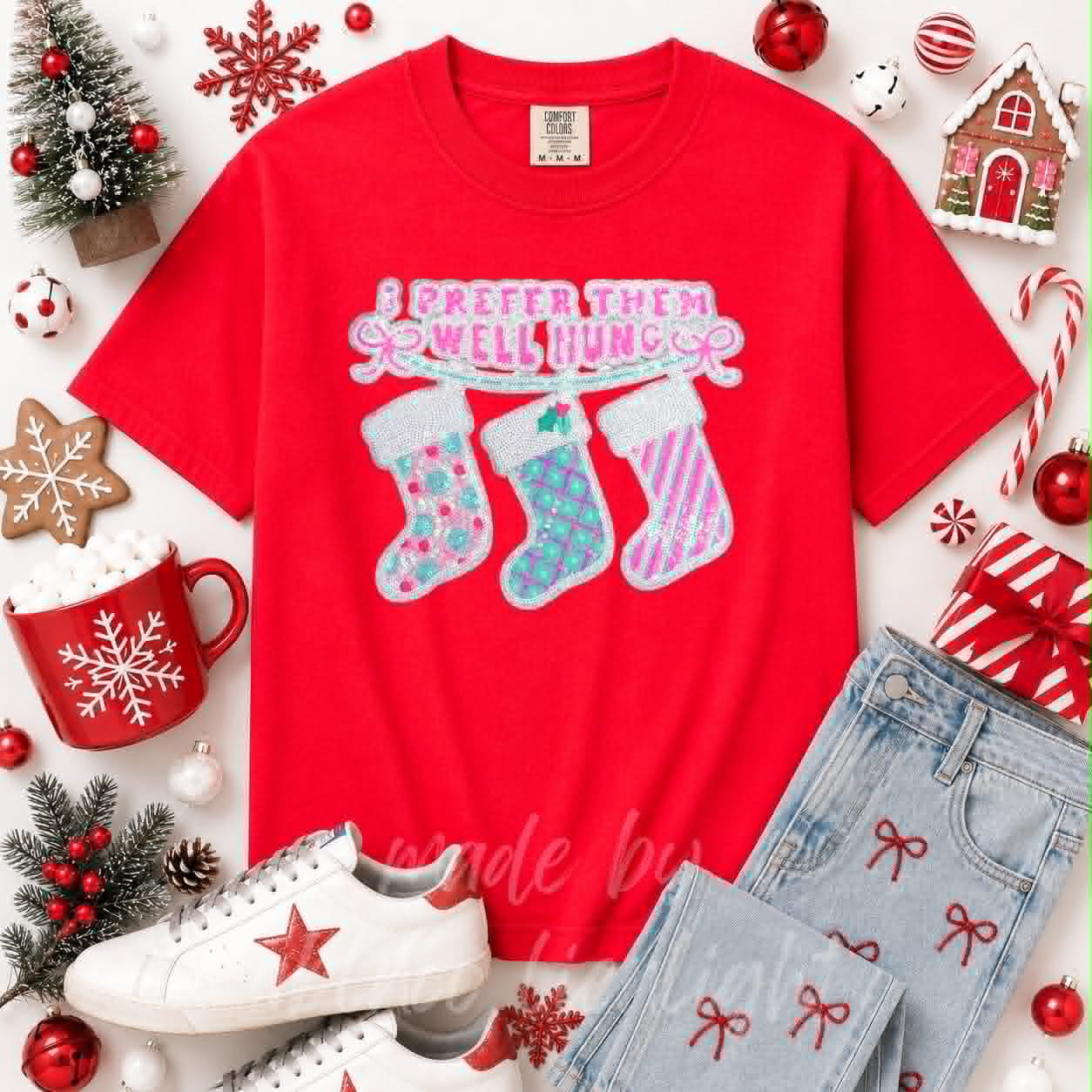 Prefer Them Well Hung Stockings Christmas Sequin Patch Tshirt