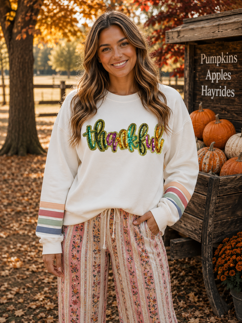 Colorful Thankful Thanksgiving Fall Sequin Patch Sweatshirt