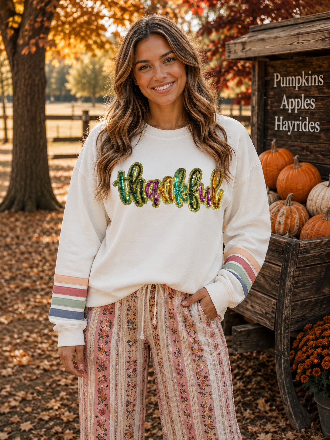 Colorful Thankful Thanksgiving Fall Sequin Patch Sweatshirt