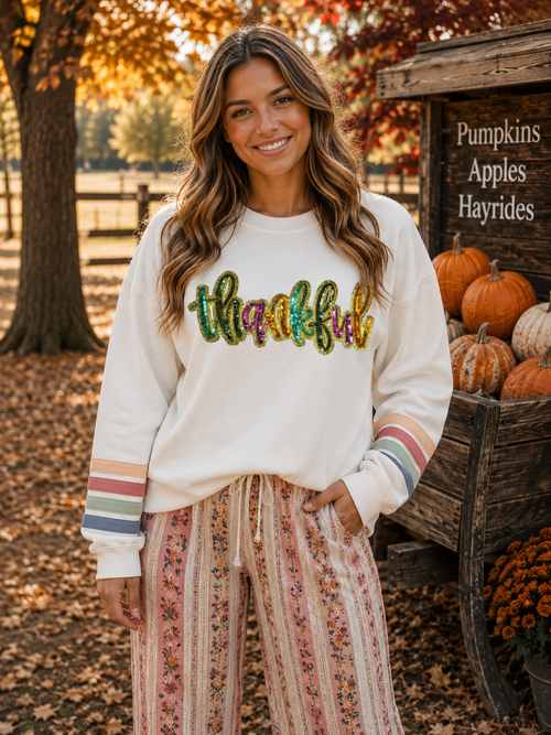 Colorful Thankful Thanksgiving Fall Sequin Patch Sweatshirt