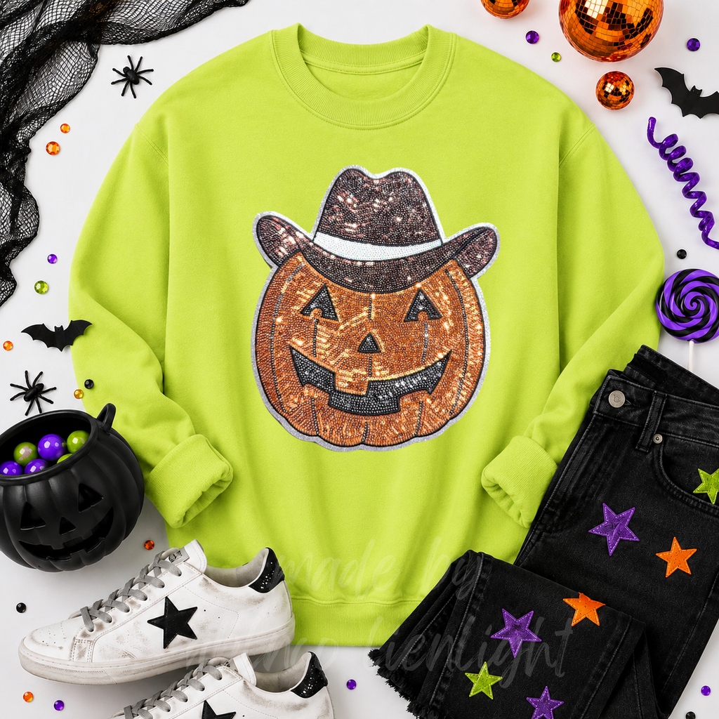 Cowboy Pumpkin Halloween Sequin Patch Sweatshirt