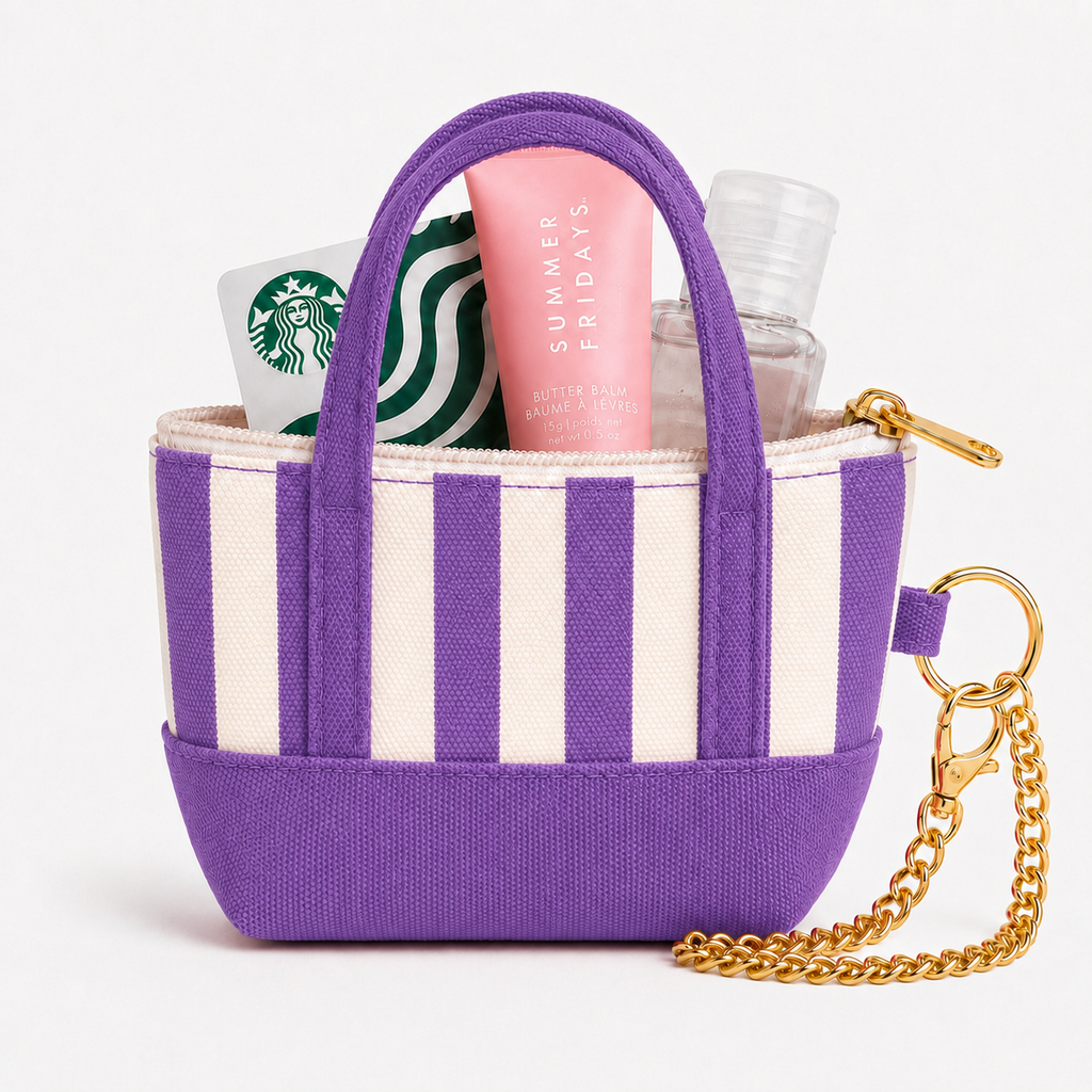 Purple Striped Mini Tote Bag Keychain | Zippered Purse Charm & Pouch