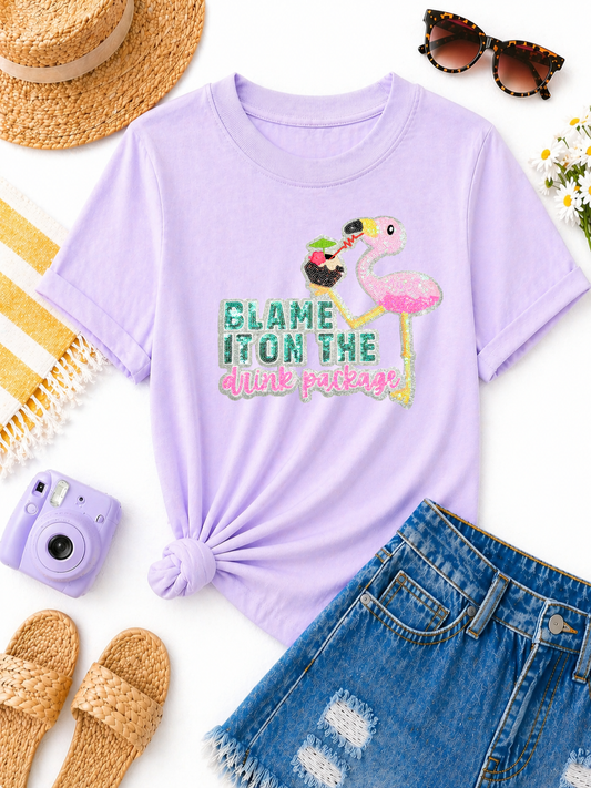 Flamingo Blame it on the Drink Summer Sequin Patch Tshirt
