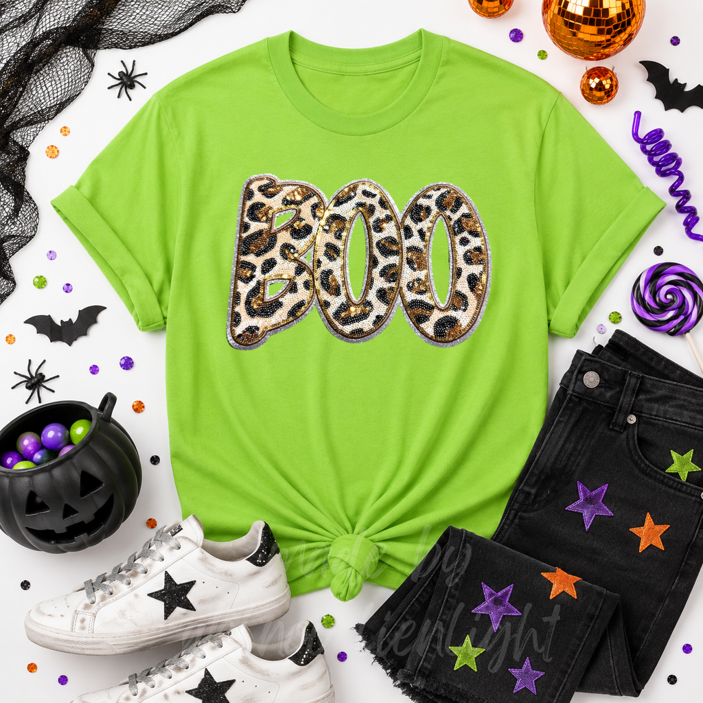 Cheetah Print Boo Halloween Sequin Patch Tshirt