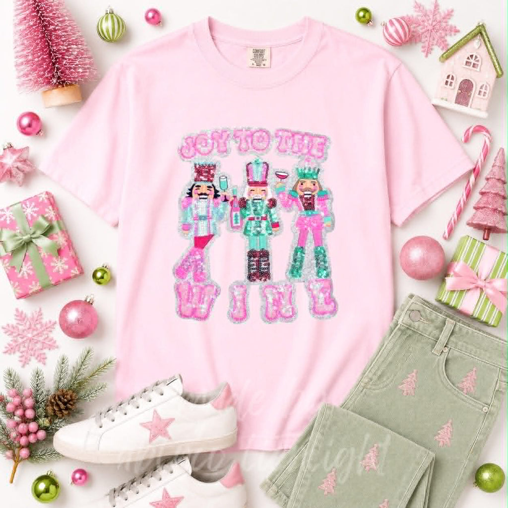 Joy to the Wine Nutcracker Christmas Sequin Patch Tshirt