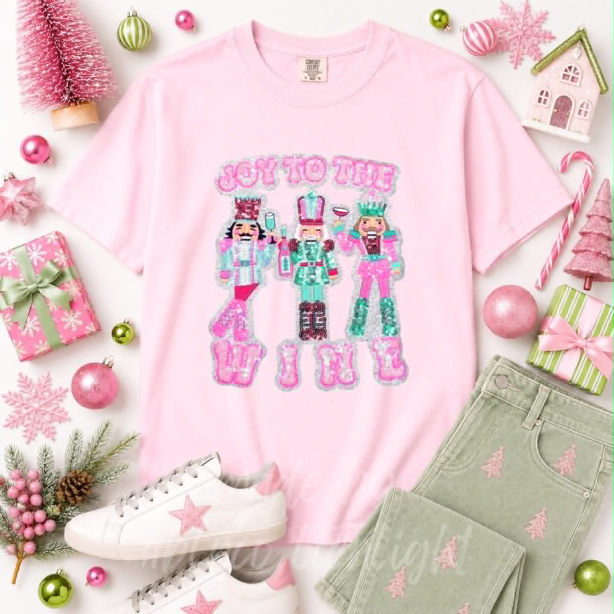 Joy to the Wine Nutcracker Christmas Sequin Patch Tshirt