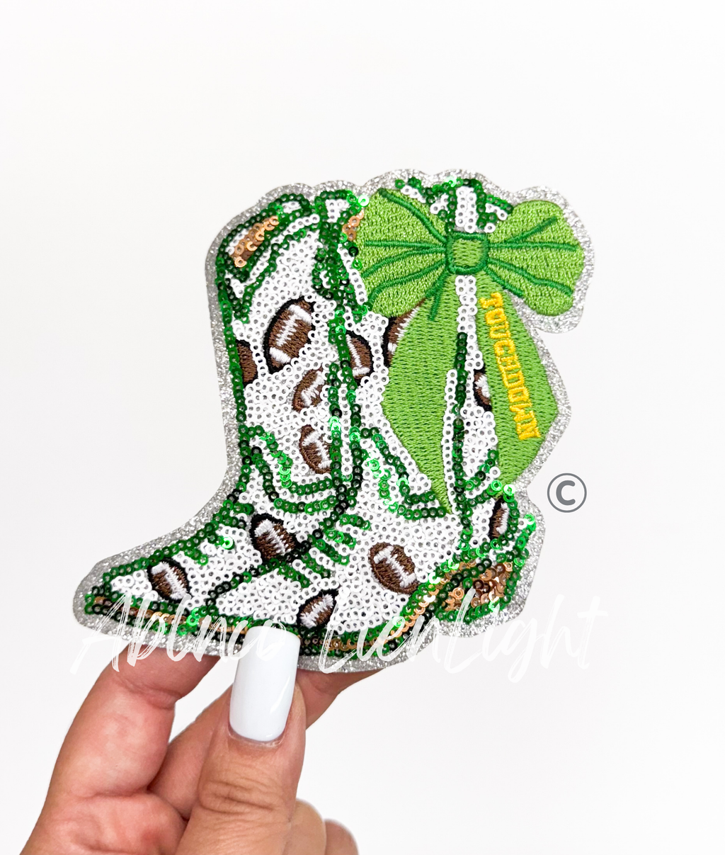Green Bow Boot Touchdown Football Sequin Patch - Small