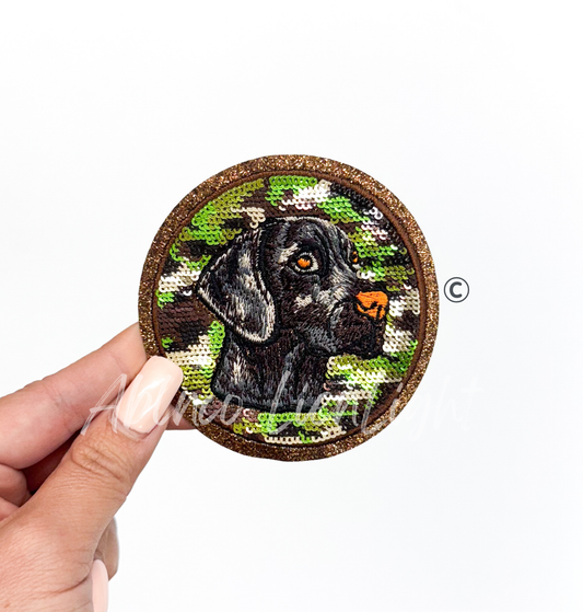 Chocolate Lab Dog Hunting Camo Sequin Patch