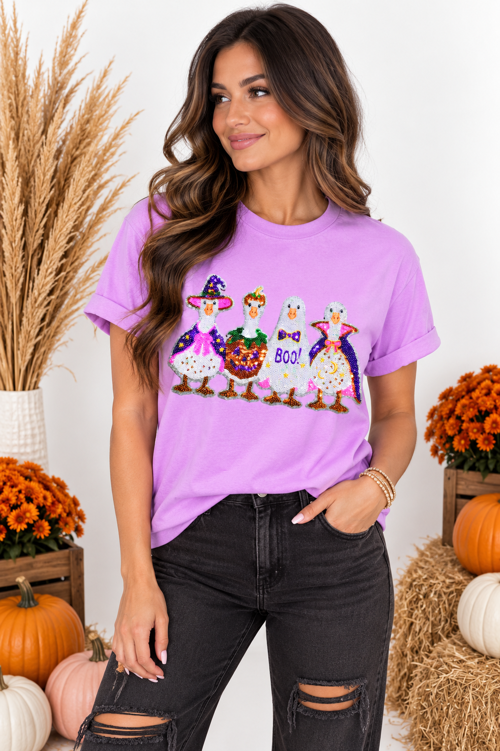 Silly Goose Halloween Sequin Patch Tshirt