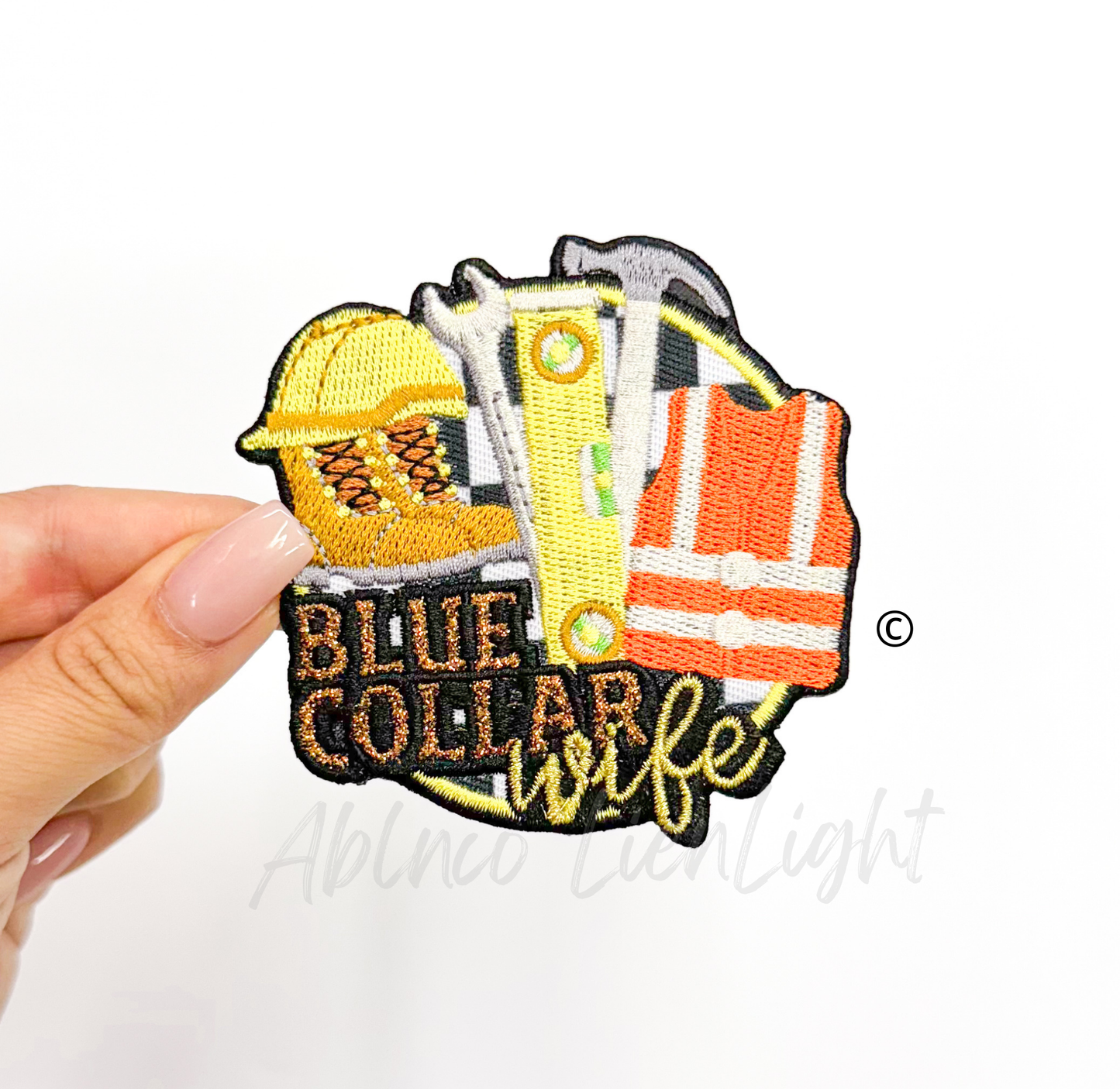 Blue Collar Wife glitter embroidery patch