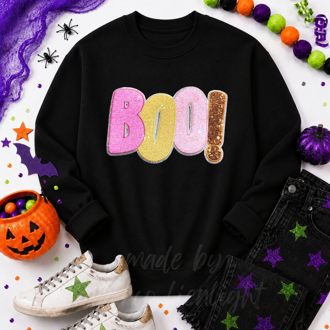 Colorful Boo Halloween Sequin Patch Sweatshirt