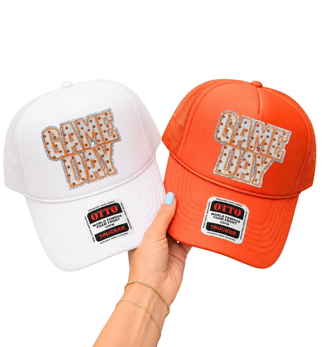 Orange Polka Dots Game Day Sequin Patch Otto Trucker Hat