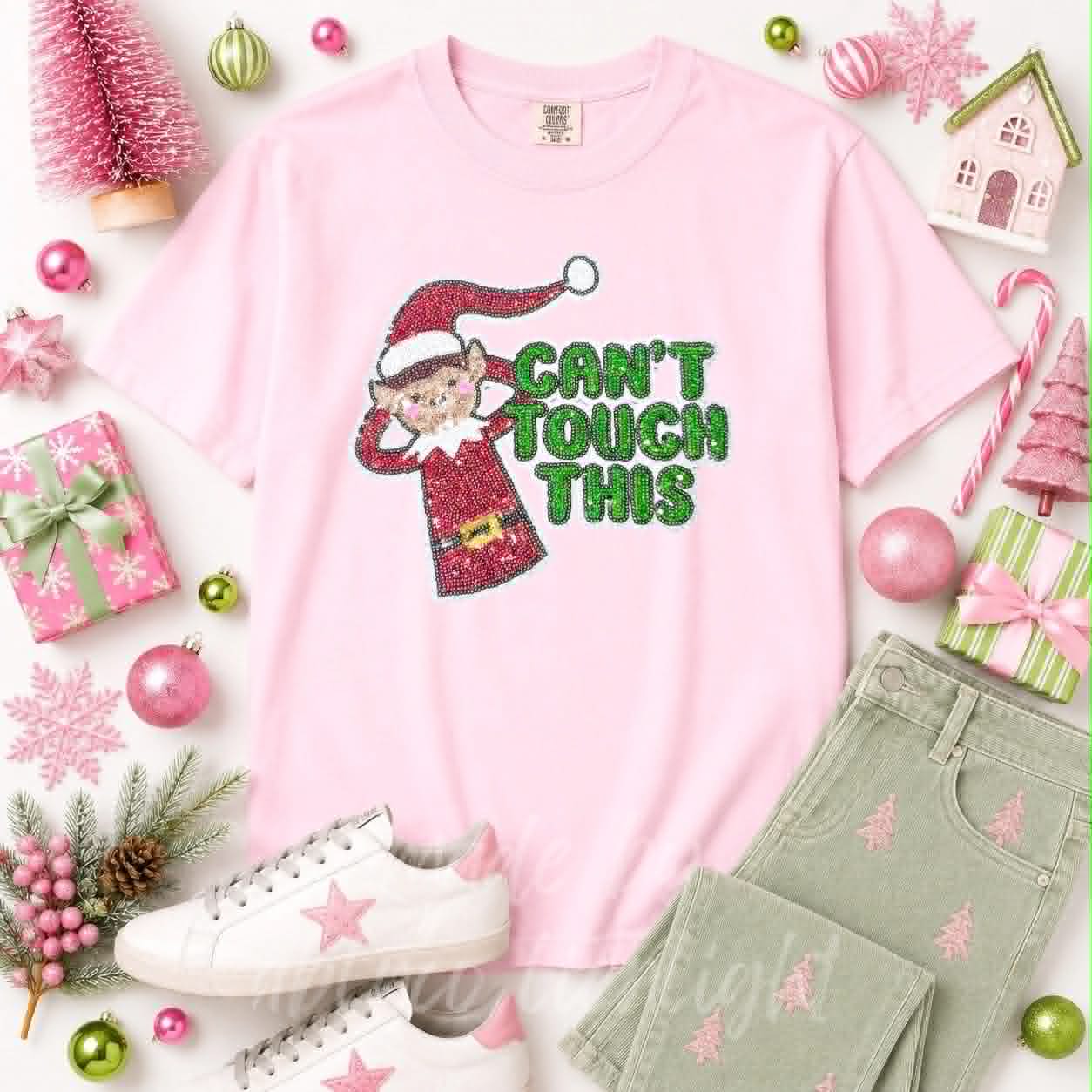 Can't Touch This Elf Christmas Sequin Patch Tshirt