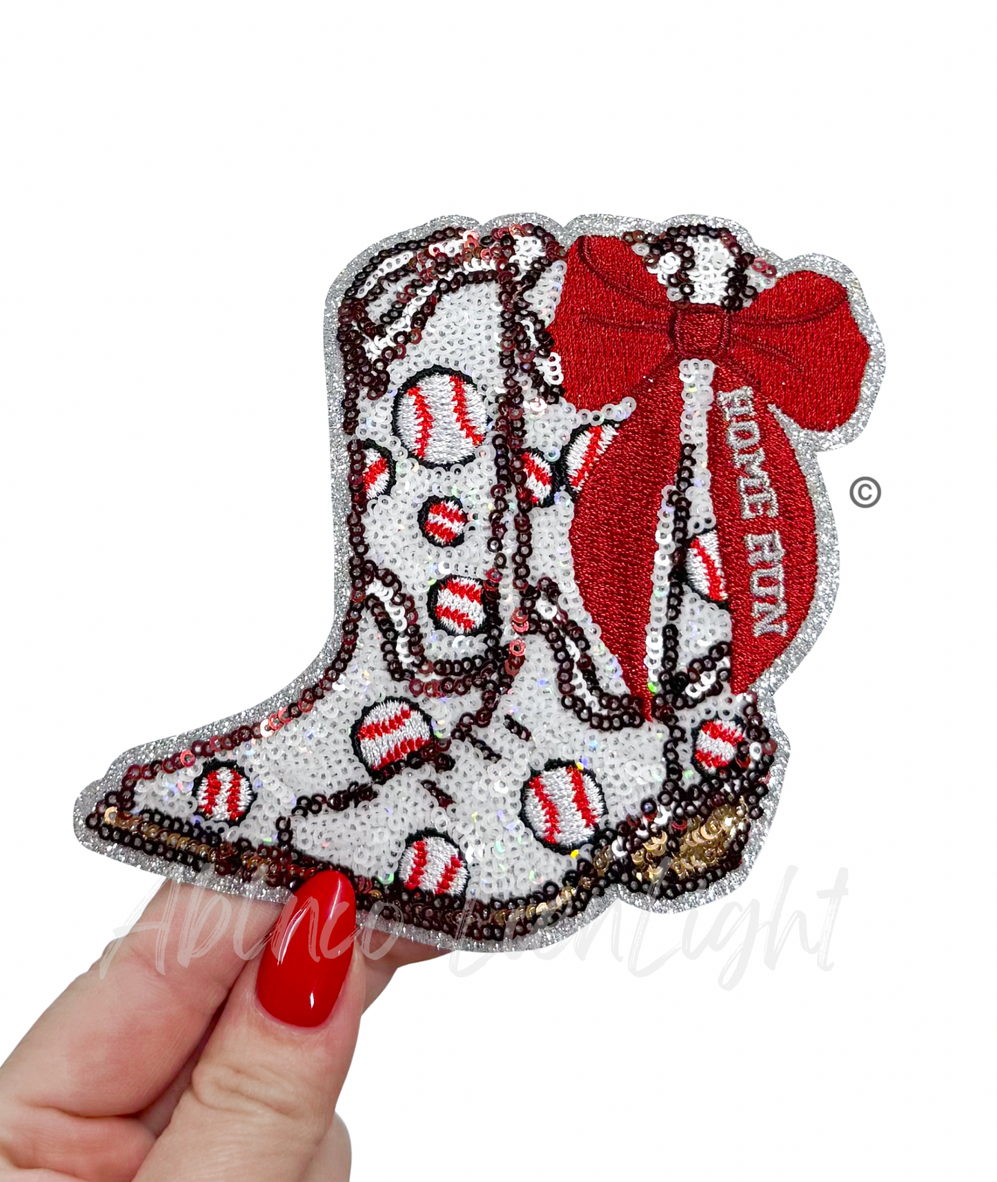 Baseball Homerun Star Maroon Bow Boots Sequin Patch - Small