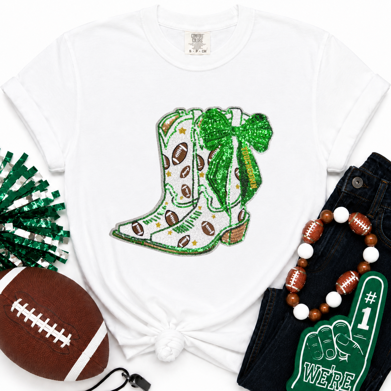 Football Touchdown Green Bow Boot Sequin Tshirt