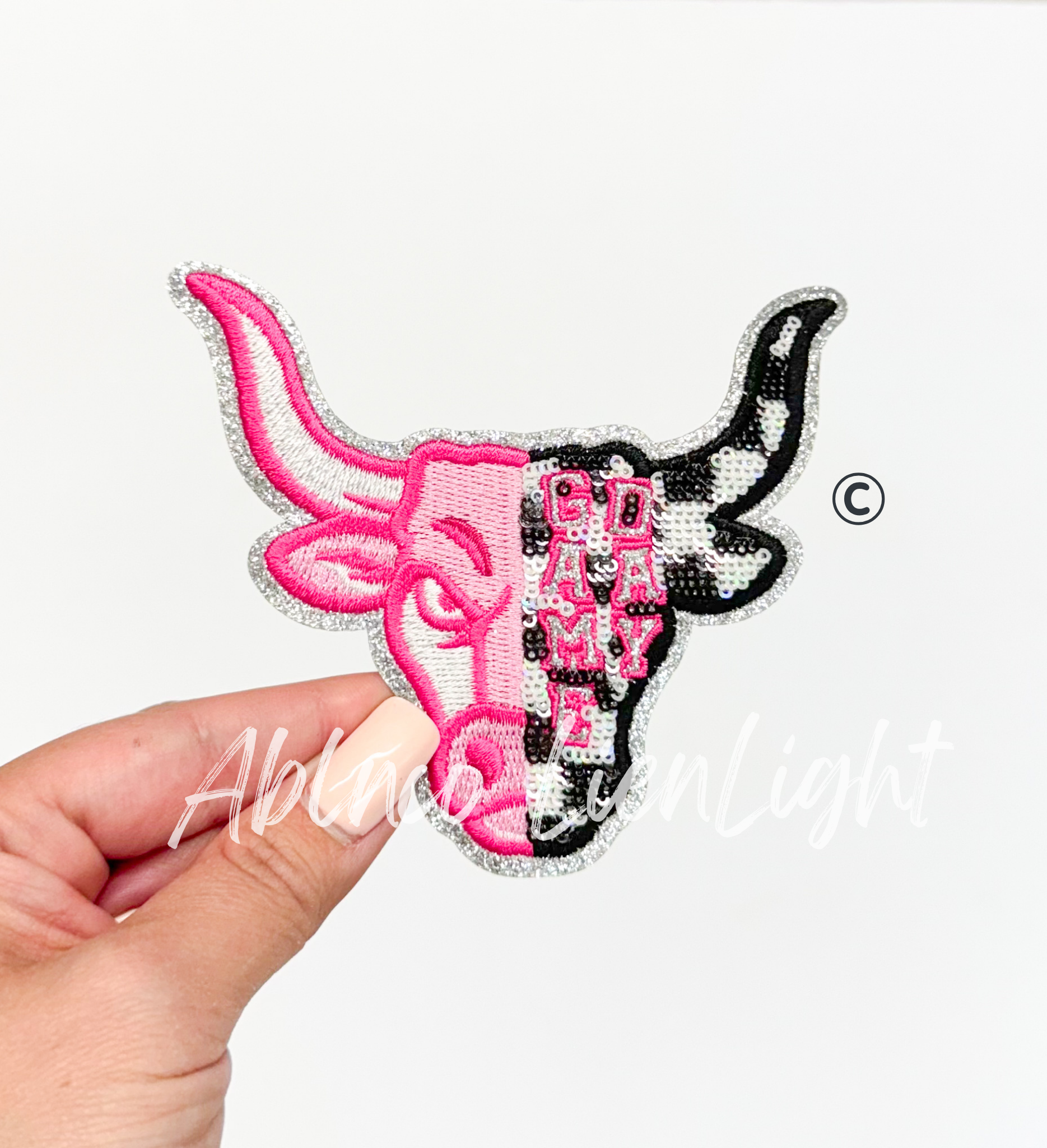 Bull Longhorn Mascot Pink Checkered Sequin Patch - Small