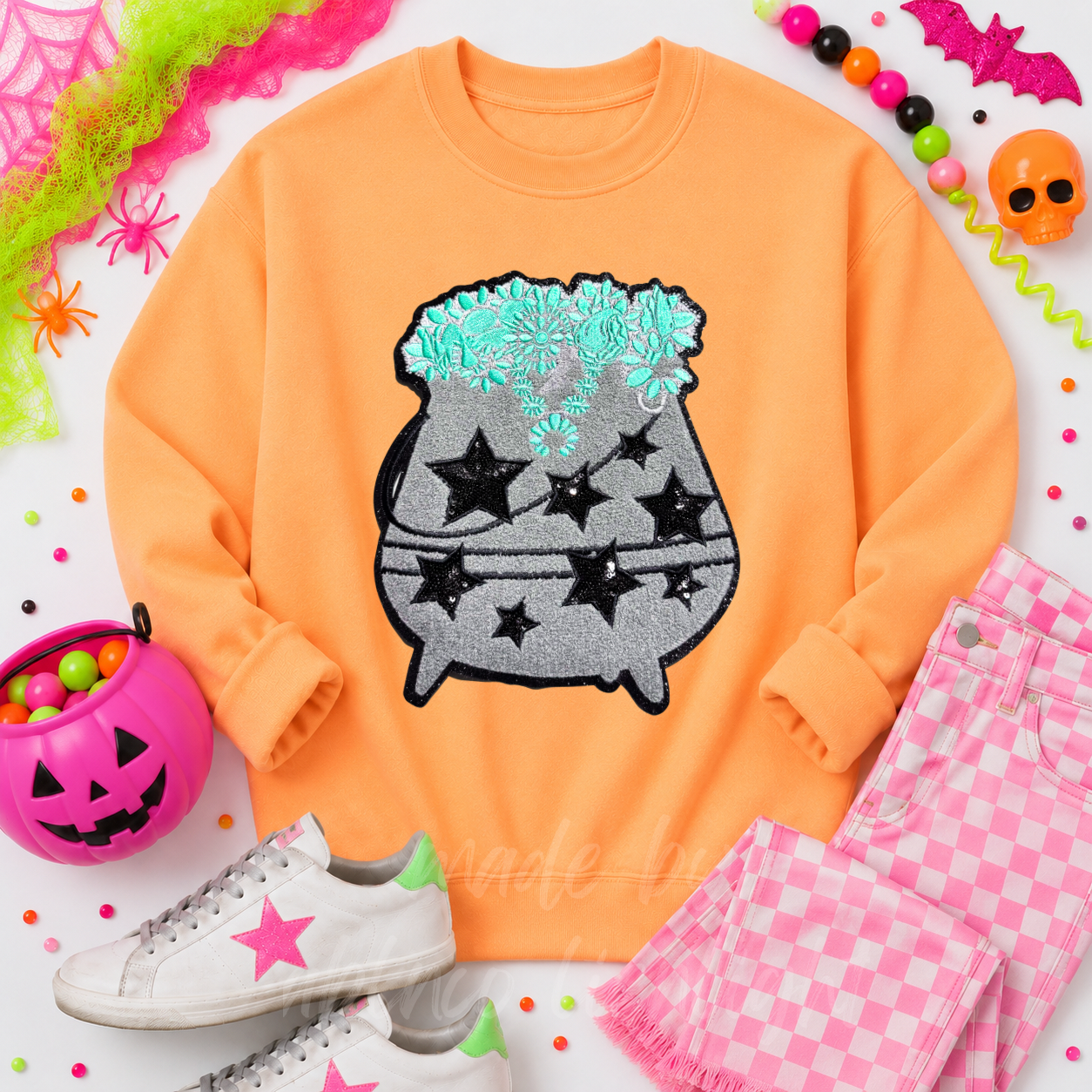 Turquoise Cauldron Halloween Sequin Patch Sweatshirt