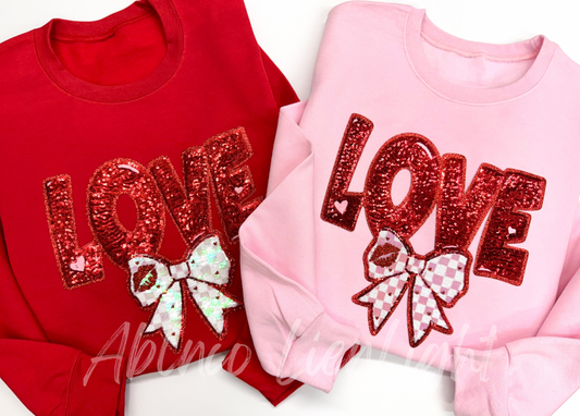 Love Checkered Bow Valentines Day Sequins Patch Sweatshirt