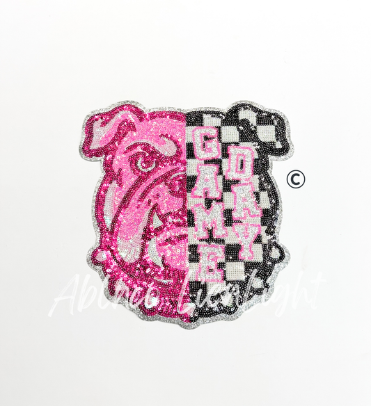 Preppy Pink Checkered Bulldog Mascot Game Day Sequin Patch