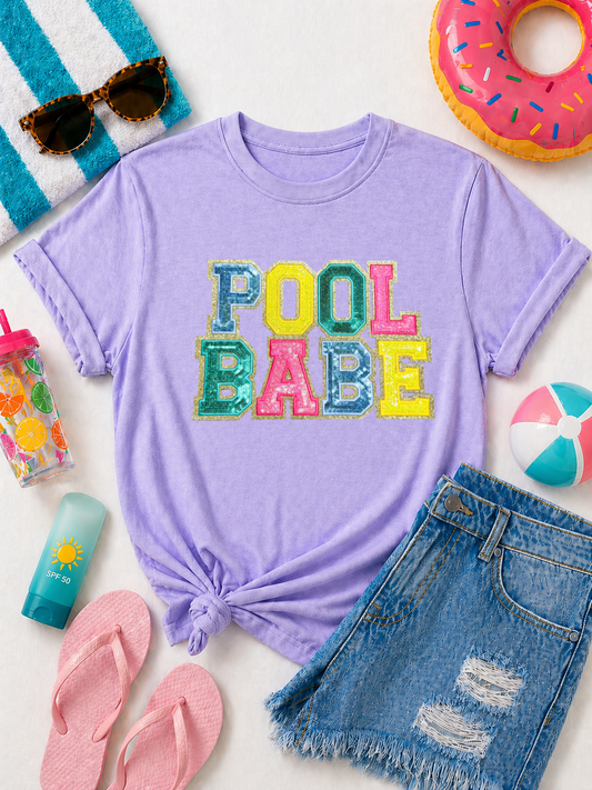 Colorful Pool Babe Summer Sequin Patch Tshirt