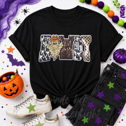 Cow Print Ghost Howdy Halloween Sequin Patch - Large