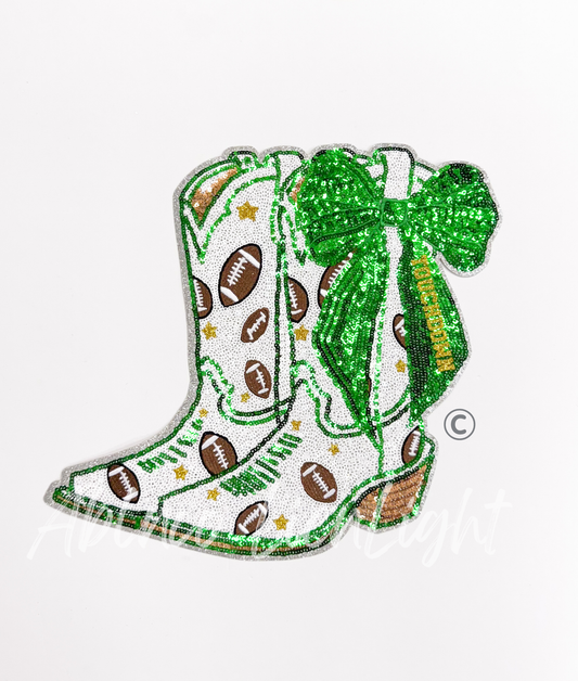 Football Touchdown Star Green Bow Boots Sequin Patch - Large