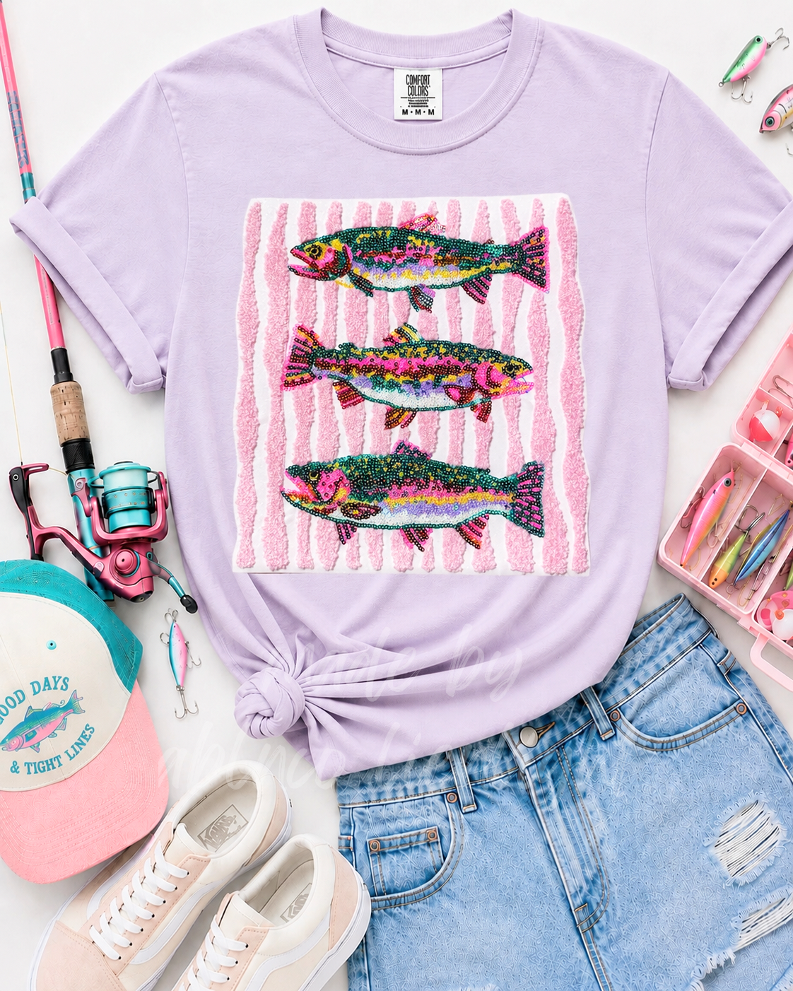 Rainbow Trout Fish Trio Summer Sequin Patch Tshirt