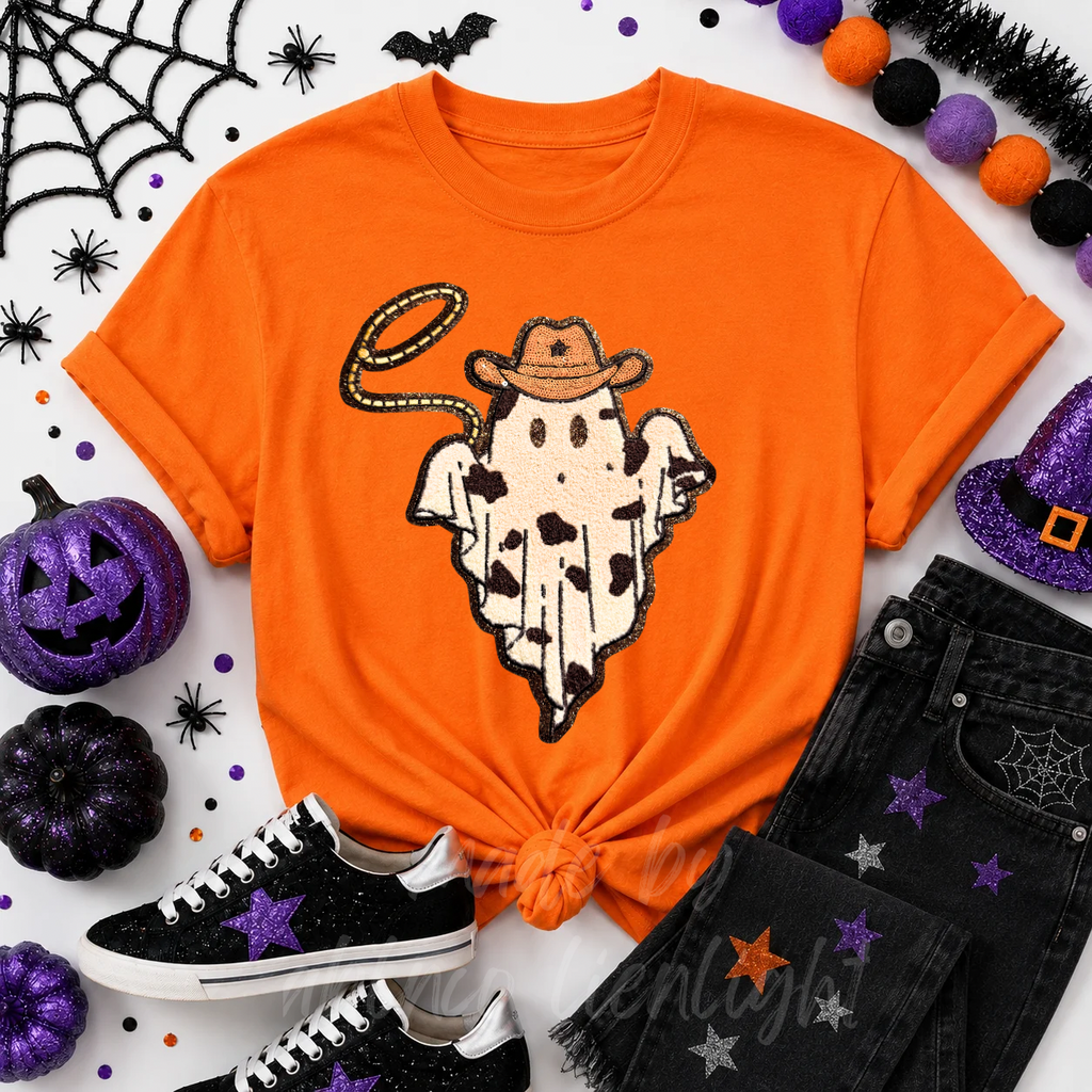 Cowboy Rope Ghost Halloween Sequin Patch Tshirt