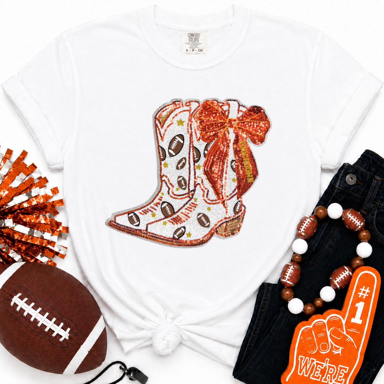 Football Touchdown Orange Bow Boot Sequin Tshirt