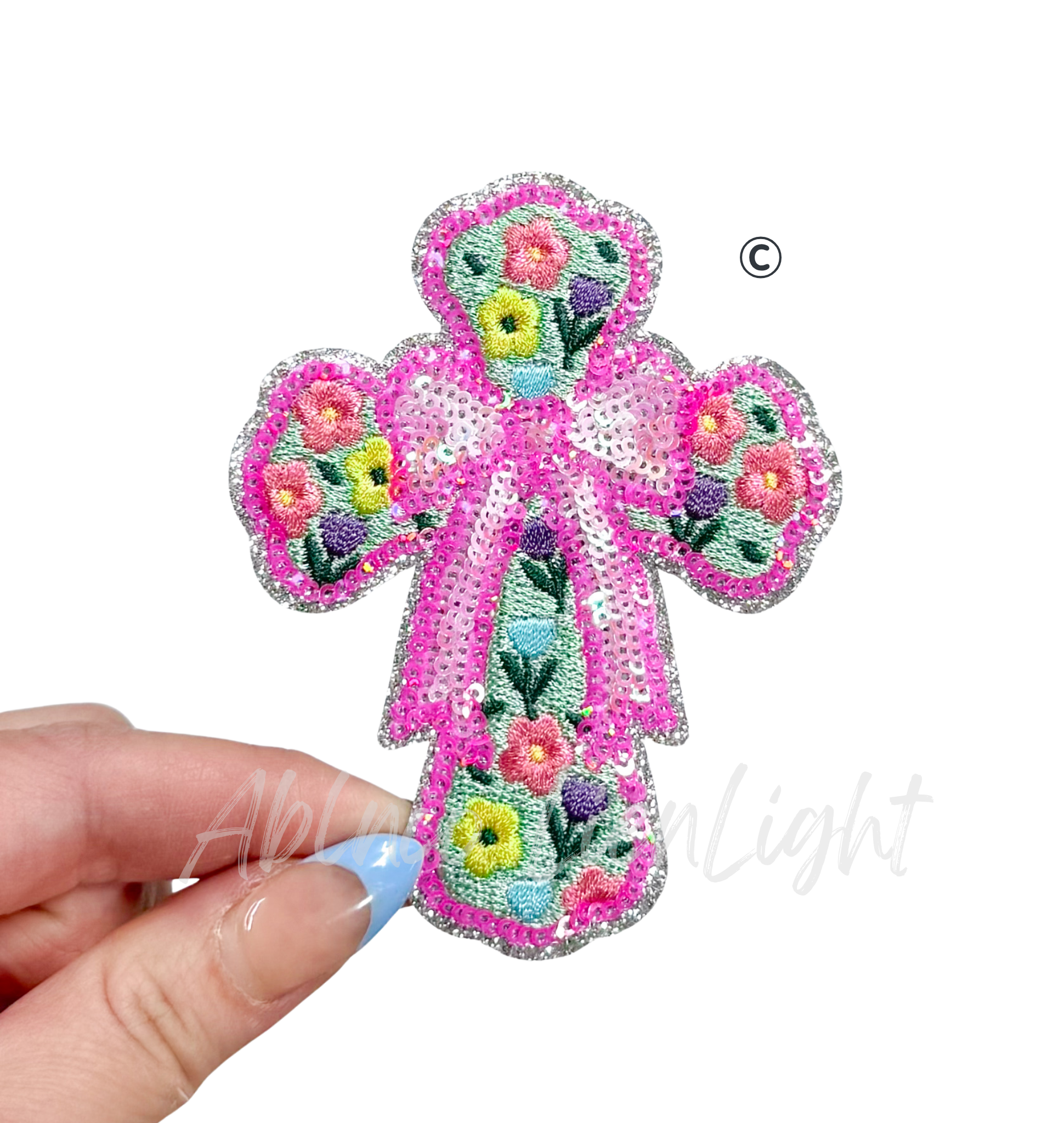 Pink Bow Floral Cross Easter Sequin Patch - Small