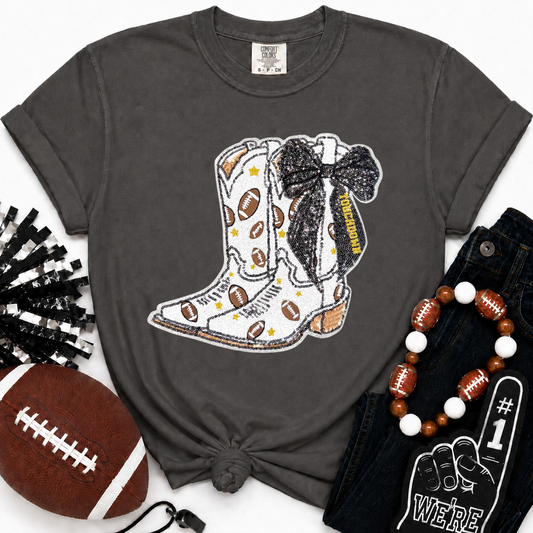 Football Touchdown Black Bow Boot Sequin Tshirt