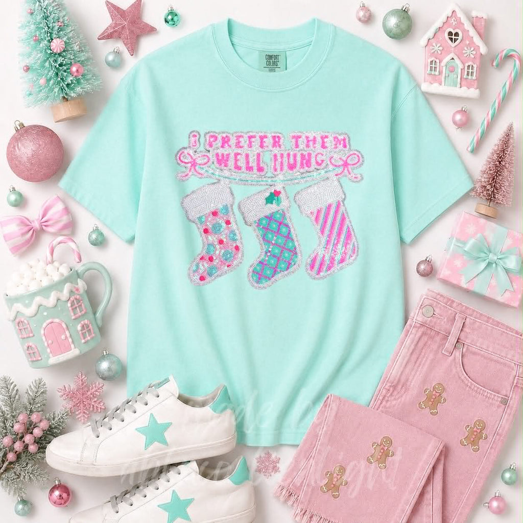 Prefer Them Well Hung Stockings Christmas Sequin Patch Tshirt