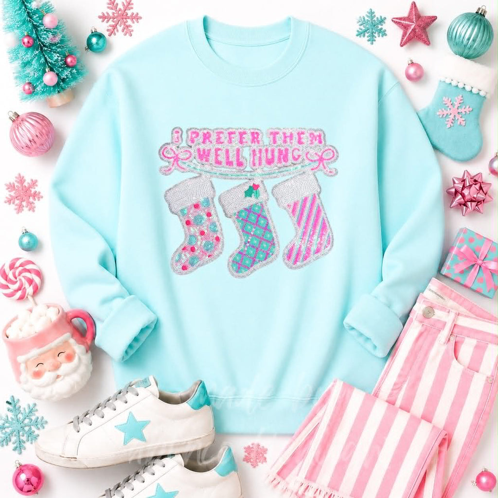 I Prefer Them Well Hung Stockings Christmas Sequin Patch Sweatshirt