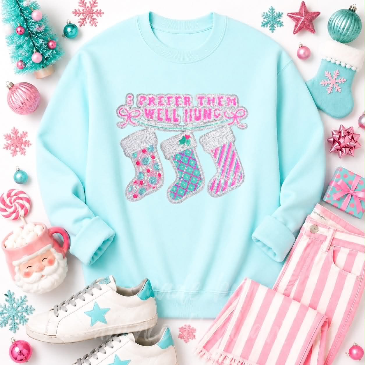 I Prefer Them Well Hung Stockings Christmas Sequin Patch Sweatshirt