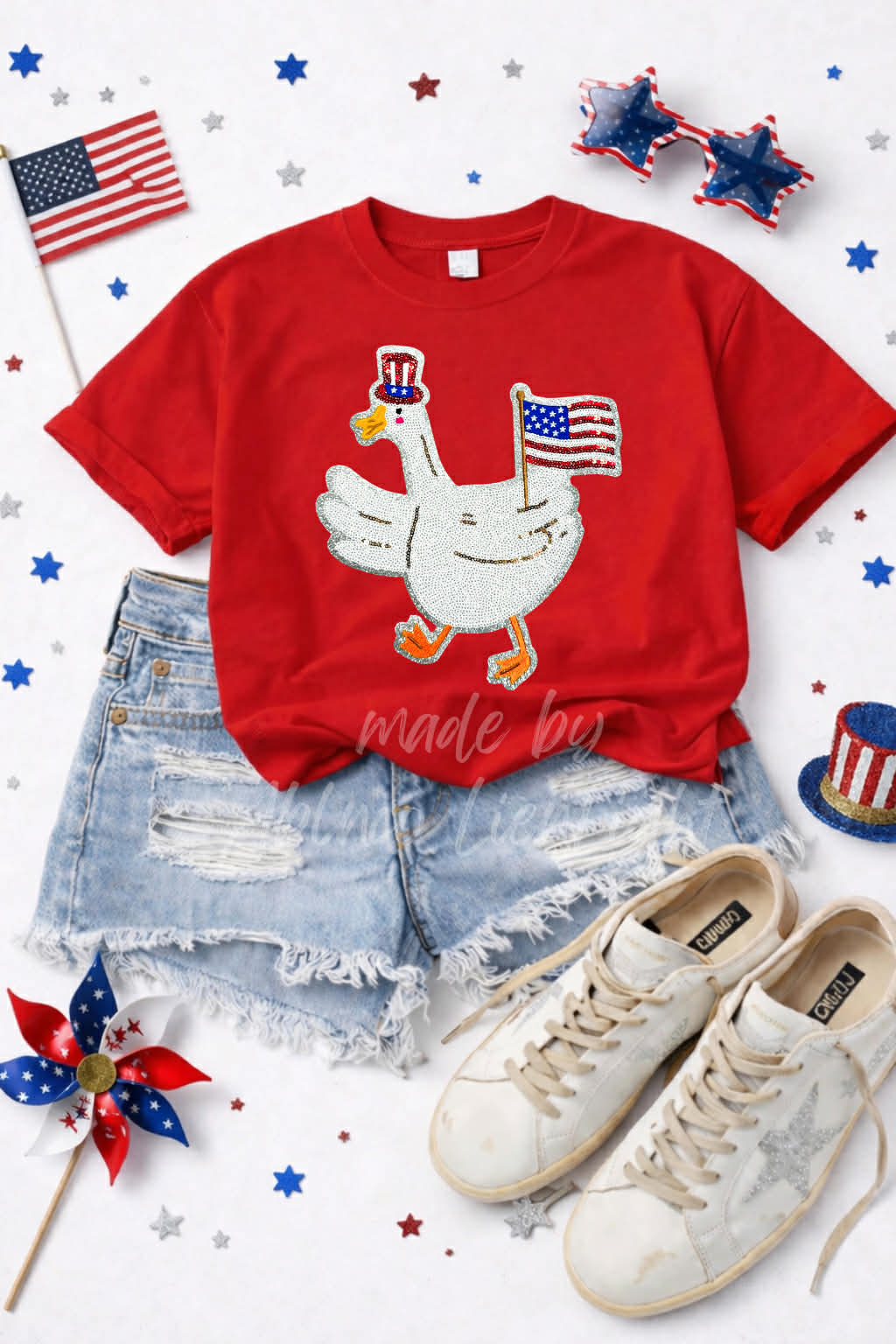 4th of July Goose Sequin Patch Tshirt